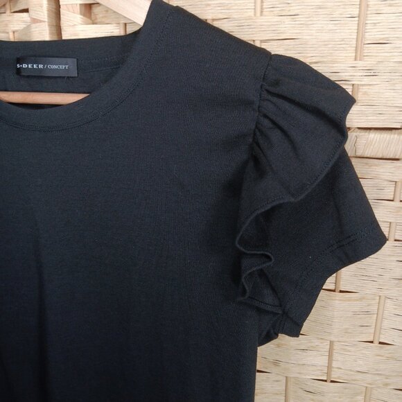 Black Cotton Top Large Ryon Blend Ruffle Short Sleeves Crew Neck - Picture 4 of 4
